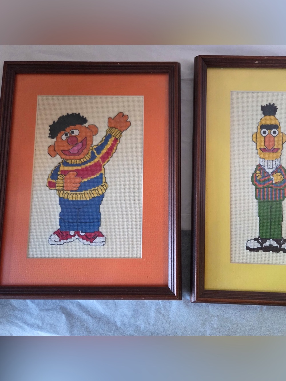 Vintage Set Of 2 Bert Ernie Sesame Street Framed Cross Stitches Nursery